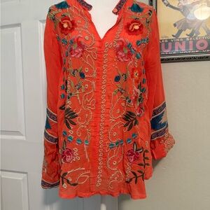 Johnny Was Orange Embroidered Blouse